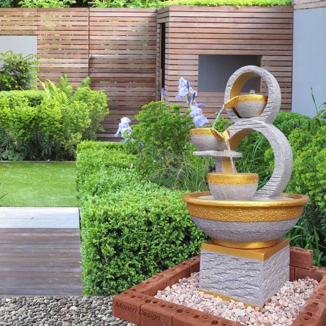 น้ำล้นโมเดิร์น เลข 8 มงคล น้ำพุแต่งสวน ฮวงจุ้ยน้ำพุ น้ำล้นเลข8 รุ่น 8 เบจครีมขอบสีทอง