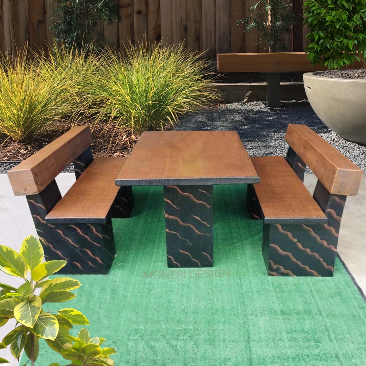 ชุดโต๊ะปูนโมเดิร์น โต๊ะปูนโมเดิร์นเก้าอี้พนักพิง โต๊ะสนาม โต๊ะสนามกลาง รุ่น LA611 ลายไม้ ขนาด 120*80 cm.