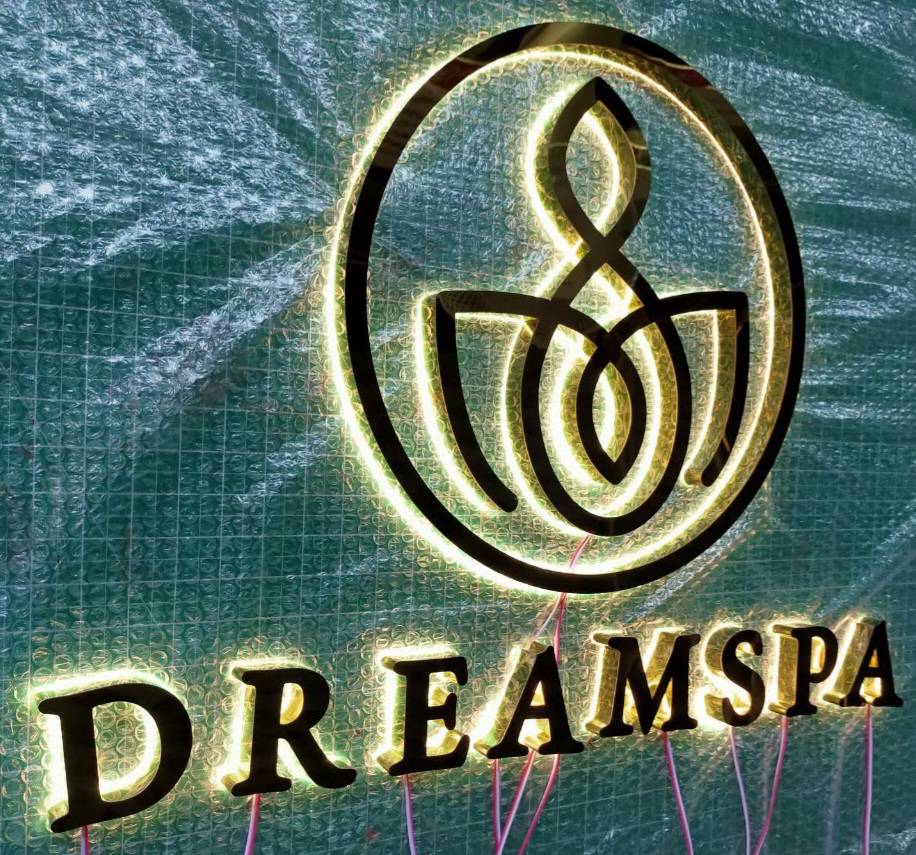 #ป้ายอักษรไฟออกหลัง #ป้ายอักษรสแตนเลสหน้าทองเงาไฟออกหลัง