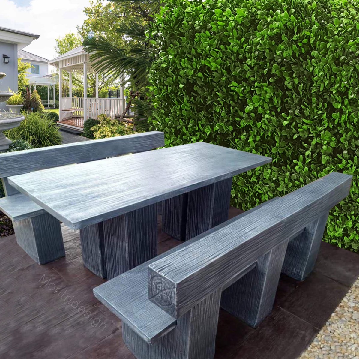 ชุดโต๊ะปูนลายไม้แบบพนักพิง ชุดโต๊ะสนาม รุ่น Montri2022 SK สีเทา โต๊ะปูนสนาม เก้าอี้พนักพิง