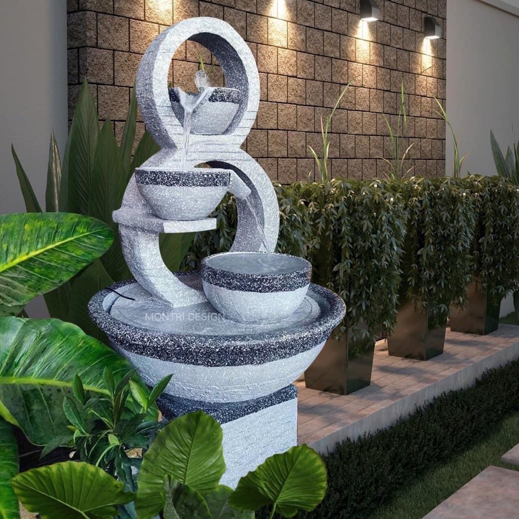 น้ำล้นโมเดิร์น เลข 8 มงคล น้ำพุแต่งสวน ฮวงจุ้ยน้ำพุ น้ำล้นเลข8 รุ่น 8 ขาว-เทา