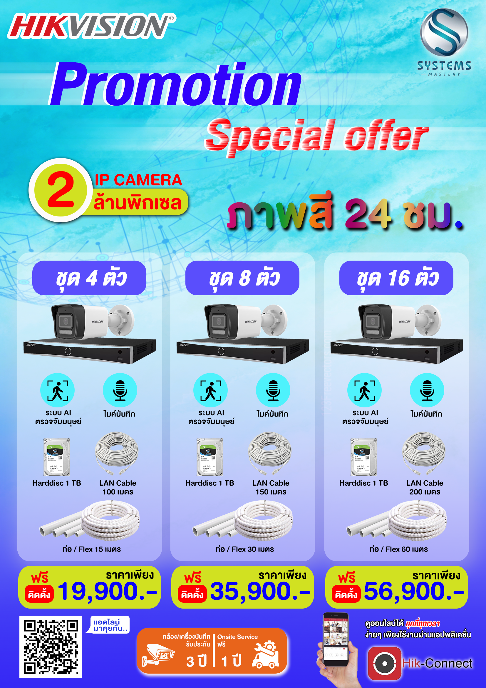 ชุดโปรโมชั่นสุดคุ้มรวมติดตั้ง กล้อง IP Camera HIKVISION 2MP ภาพสี 24 ชั่วโมง ฟังเสียงได้