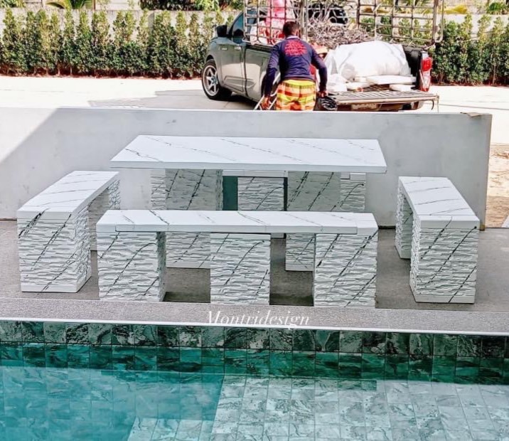 ชุดโต๊ะสนาม โต๊ะปูนสนาม โต๊ะโมเดิร์น โต๊ะปูนสนามโมเดิร์น ชุด 10 ที่นั่ง โต๊ะยาว 150 เมตร กว้าง 80 cm.