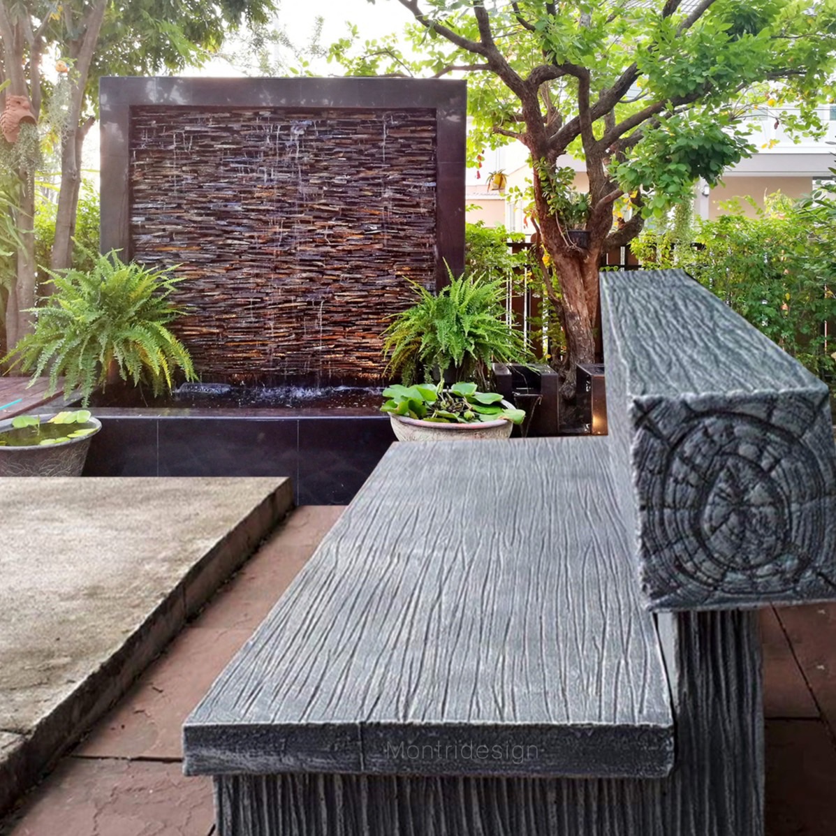 ชุดโต๊ะปูนลายไม้แบบพนักพิง ชุดโต๊ะสนาม รุ่น Montri2022 SK สีเทา โต๊ะปูนสนาม เก้าอี้พนักพิง