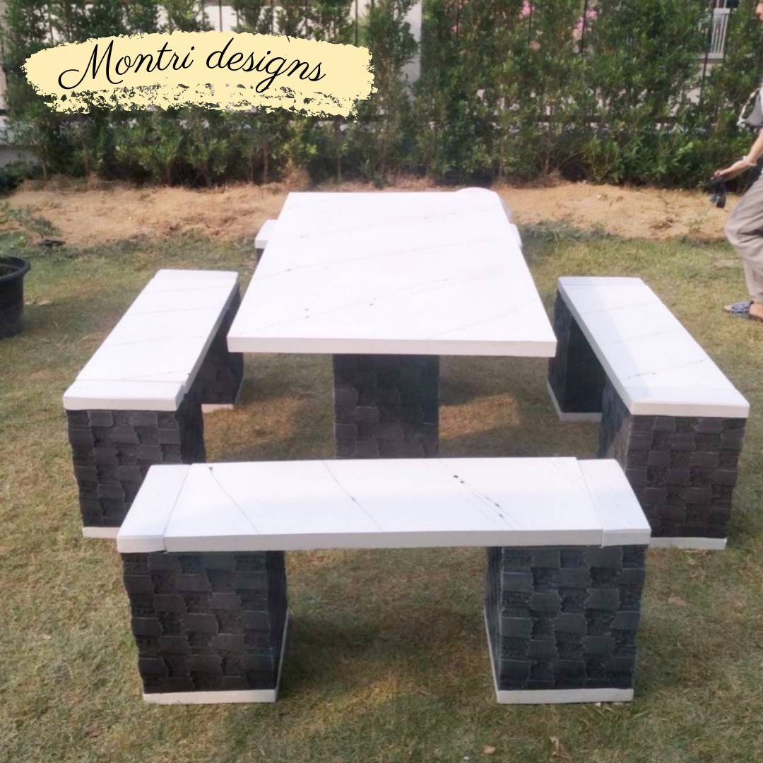 โต๊ะสนามกลางแจ้ง ชุดโต๊ะสนาม โต๊ะสนาม ชุด 8 ที่นั่ง แผ่นสีขาวสลัดดำเสริมเหล็ก ขนาด 150*80 cm