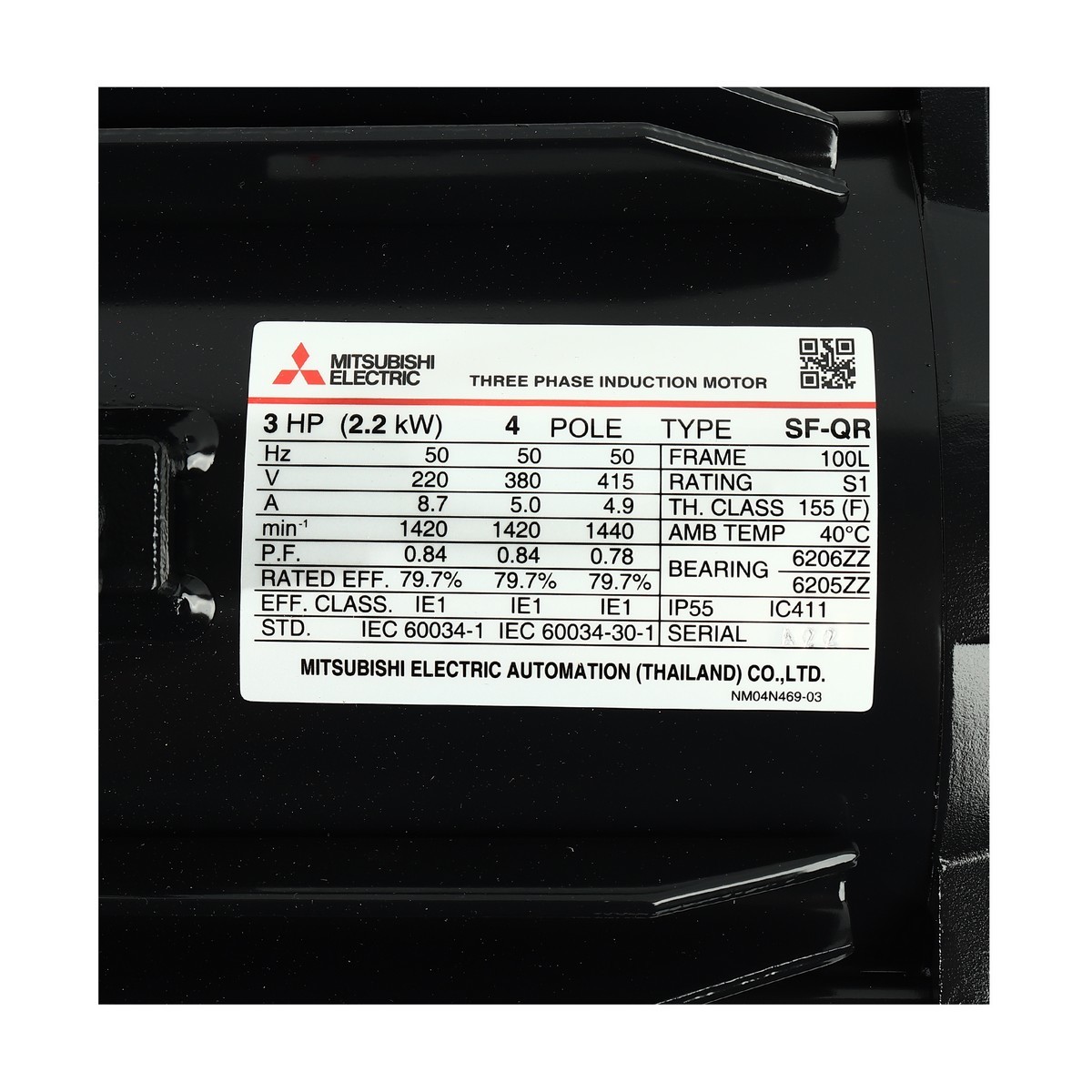MITSUBISHI มอเตอร์ รุ่น SF-QR 2.2KW (3HP) 220/380 V ,4 POLE ความเร็วรอบ 1450 รอบ/นาที