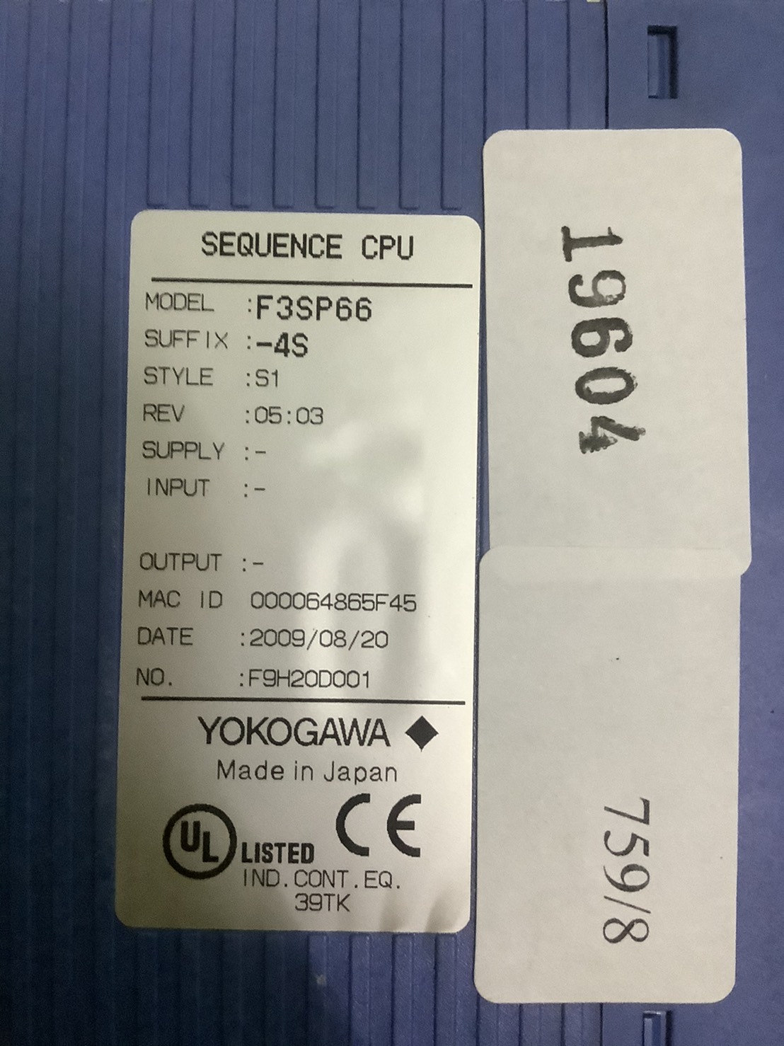 PLC " YOKOGAWA " MODEL : F3SP66-4S