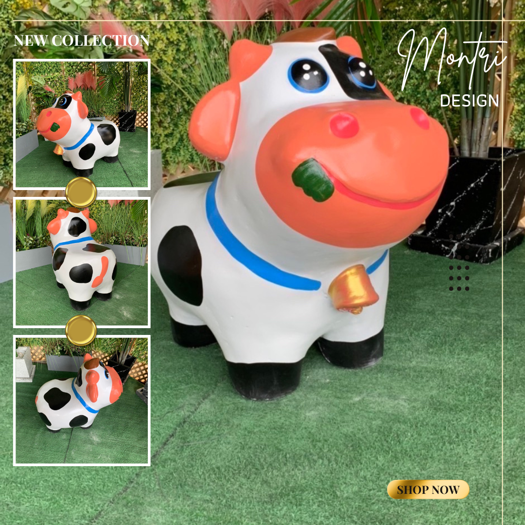 เก้าอี้ปูนรูปวัว เก้าอี้รูปวัวนม เก้าอี้ปูนปั้นรูปวัว ม้านั่งสนามในสวน ปลอกคอสีฟ้า