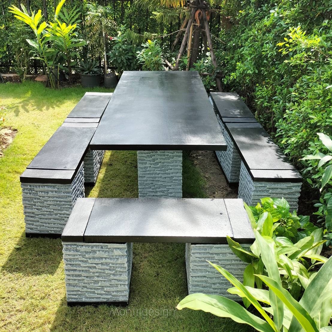 ชุดโต๊ะสนาม โต๊ะปูนสนาม โต๊ะโมเดิร์น โต๊ะปูนสนามโมเดิร์น ชุด 12 ที่นั่ง รุ่น LYO98 เก้าอี้พาดยาว ขนาดโต๊ะ 180*80