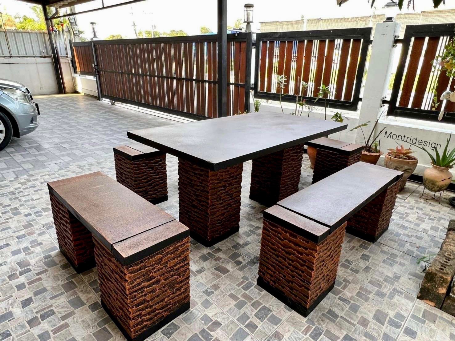 โต๊ะปูนสนาม ชุดโต๊ะสนามปูนสไตล์โมเดิร์น ชุด 8 ที่นั่ง พาดยาว สีดิน