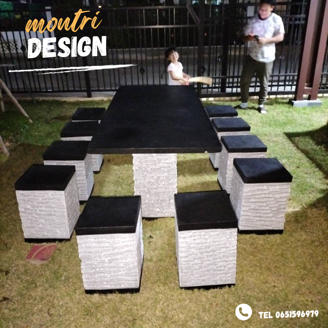 โต๊ะสนามปูนปั้น โต๊ะปูนโมเดิร์น โต๊ะสนามปูน เฟอร์นิเจอร์สนาม ชุด 12 ที่นั่ง สีดำขาขาว