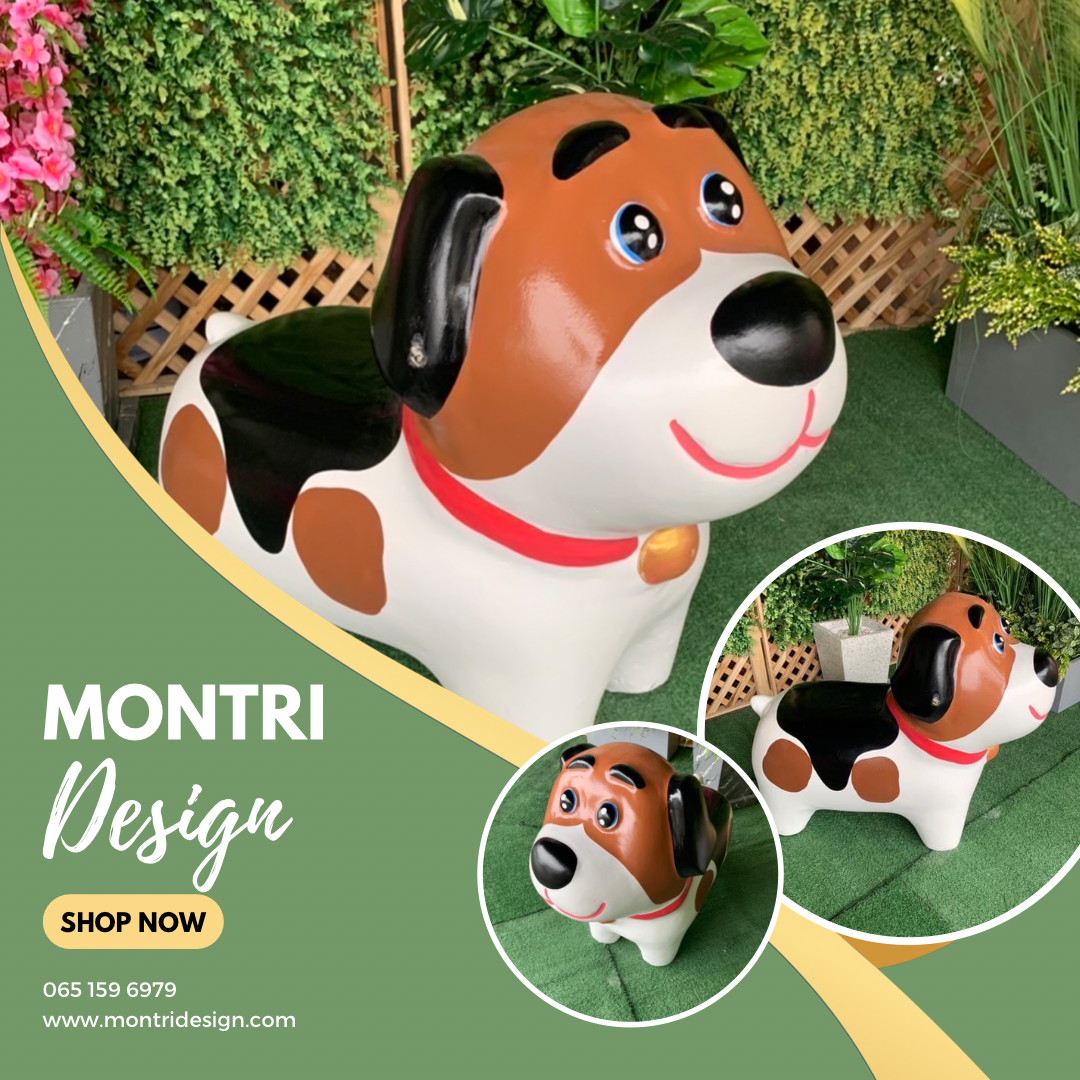 เก้าอี้ปูนรูปน้องหมา เก้าอี้รูปสุนัข ม้านั่งสนามในสวน ม้านั่งน้องหมา (ปลอกคอสีชมพูโอลด์โรส)