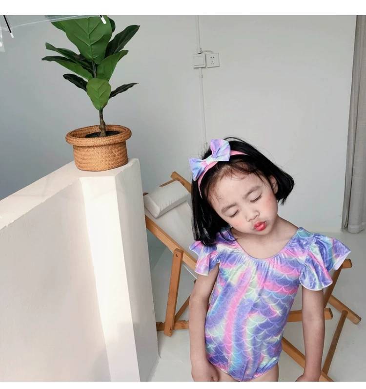 ชุดว่ายน้ำเด็กหญิง เมอร์เมด สีสันสดใส ชุดว่ายน้ำพร้อมหมวก และที่คาดผม สุดคุ้ม