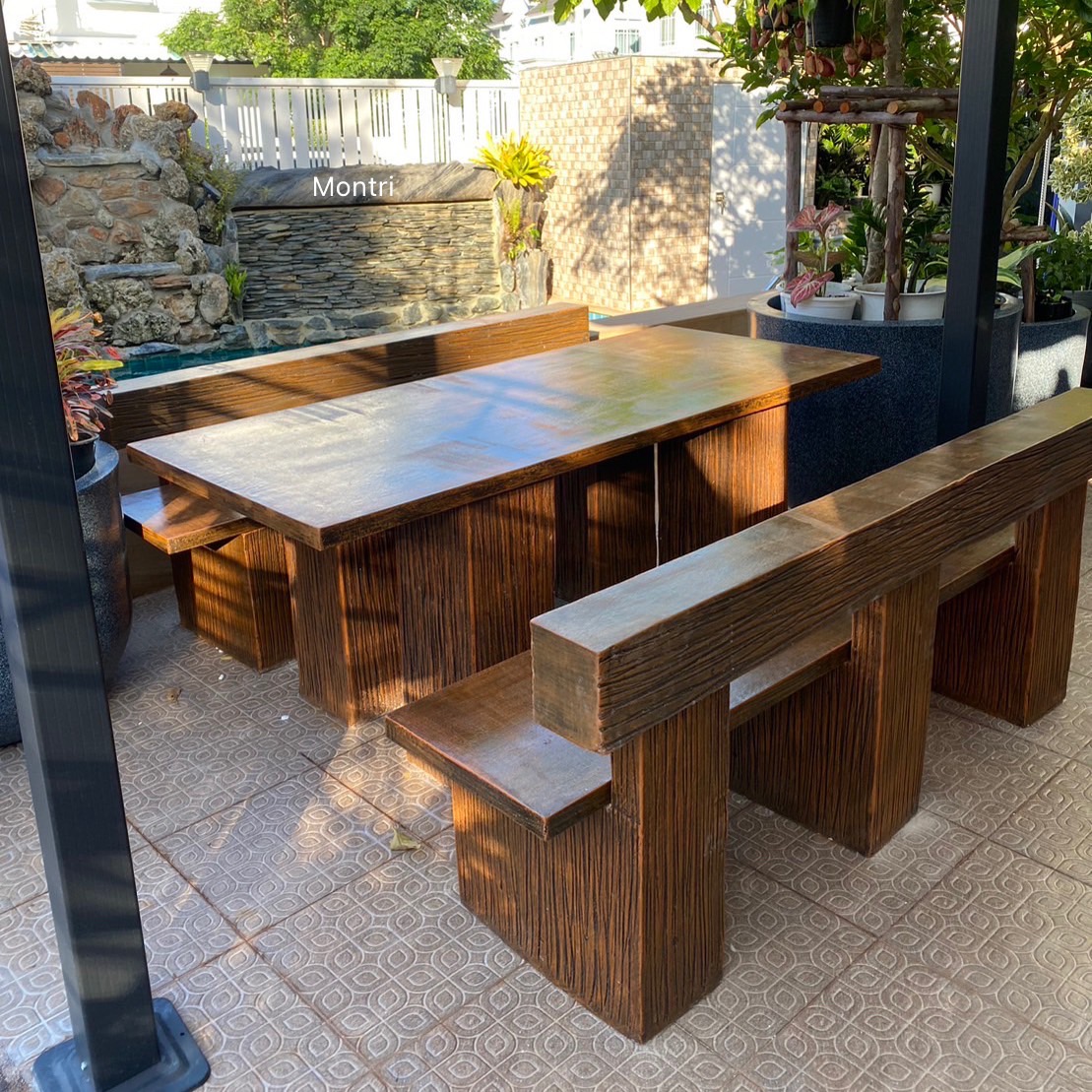 โต๊ะปูนสนาม เก้าอี้พนักพิง ชุดโต๊ะสนามลายไม้ ชุดโต๊ะปูนลายไม้แบบพนักพิง ชุดโต๊ะสนาม รุ่น Montri2023