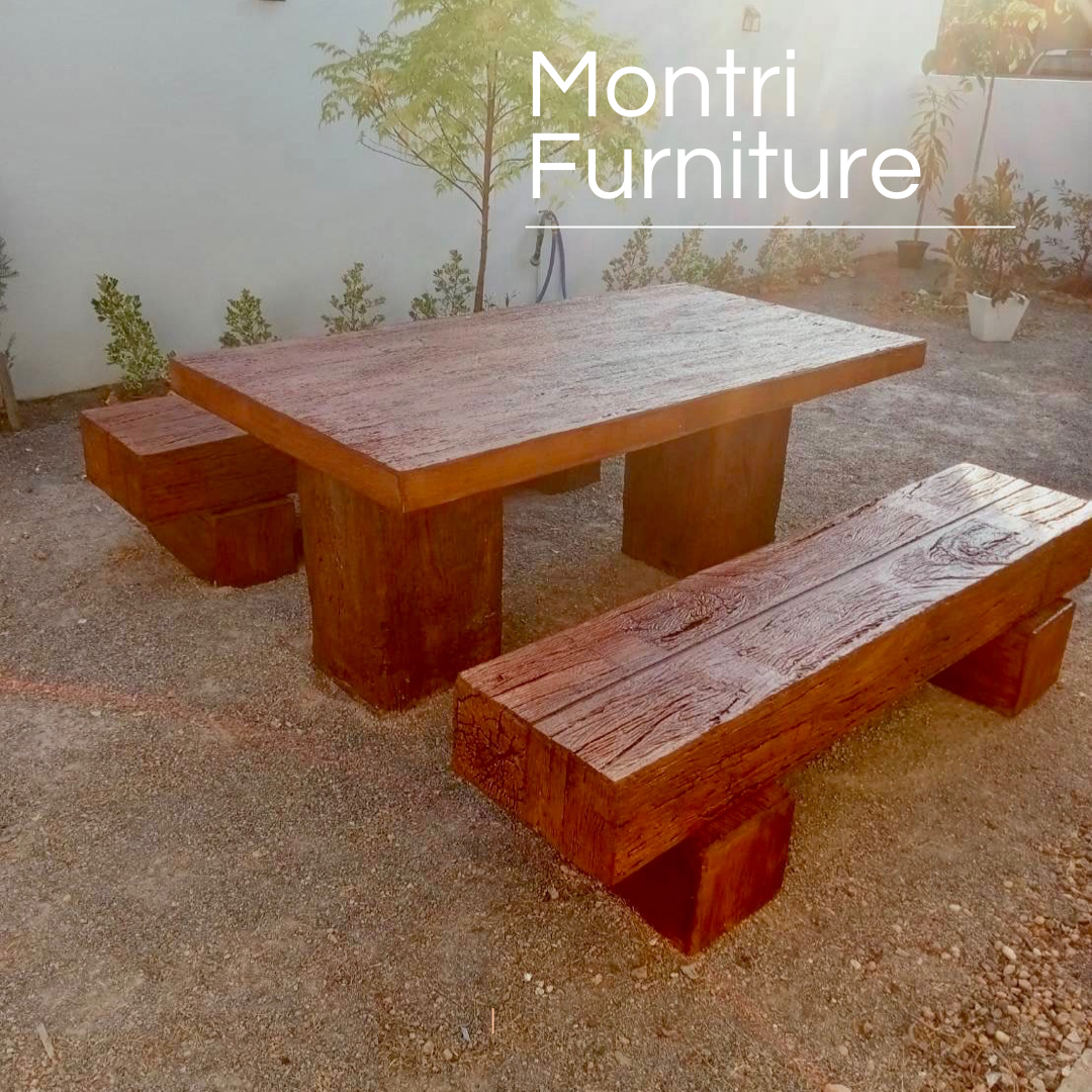 ชุดโต๊ะไม้หมอนรถไฟ ชุดโต๊ะปูนลายไม้ ขนาด 180*90 cm. รุ่น BigCat