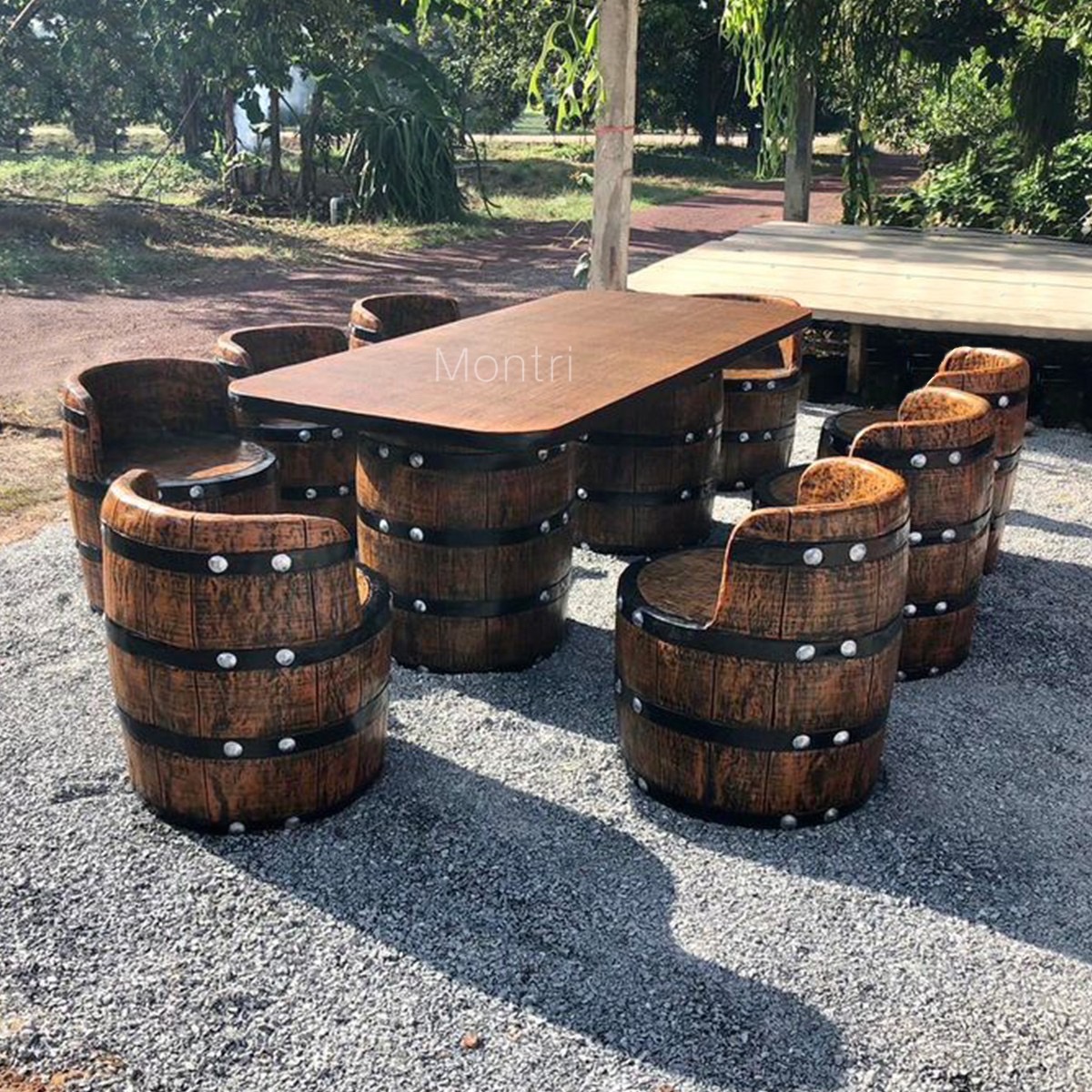 โต๊ะสนาม DIY ชุดโต๊ะถังเบียร์ ชุด 8 ที่นั่ง โต๊ะสนามกลางแจ้ง แบบมีพนักพิงนั่งสบาย งานออกแบบดีไซน์เรียบหรูใช้งานได้ทั้งกลางแจ้งและในร่ม