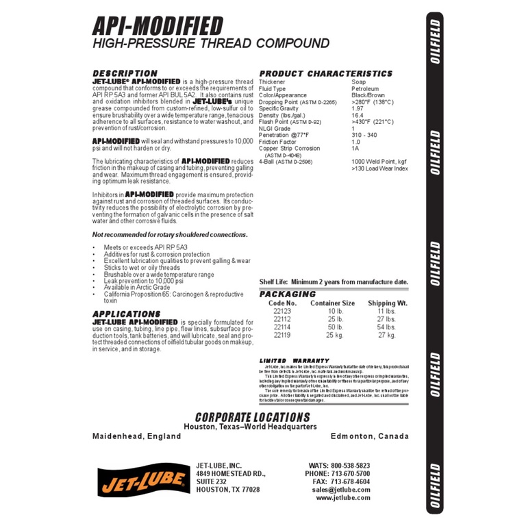 Jet lube API-Modified High Pressure Thread Compound 22114
