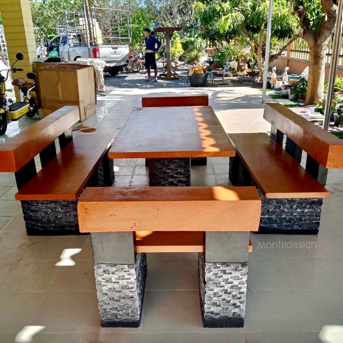 โต๊ะโมเดิร์นพนักพิง โต๊ะสนามปูนปั้น โตีะสนามโมเดิร์น ขนาด 150*80 cm. รุ่น SK25