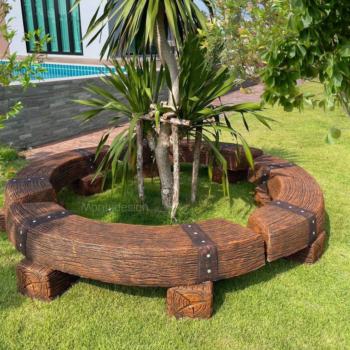 เก้าอี้รอบต้นไม้ เก้าอี้ไม้หมอนทรงโค้ง เก้าอี้ปูนลายไม้ รุ่น Reef05 set 4 ที่นั่ง สีน้ำตาลลายไม้ ม้านั่งปูนลายไม้