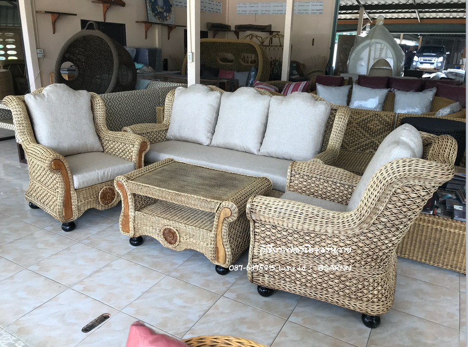 ชุดรับแขกหวายแท้พิงสูงลายมัดหมี่