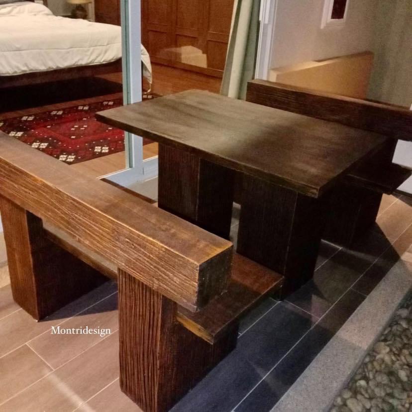 ชุดโต๊ะปูนลายไม้ โต๊ะปูนลายไม้ เก้าอี้พนักพิง โต๊ะสนาม โต๊ะสนามกลาง รุ่น LA05 ลายไม้ ขนาด 120*80 cm.