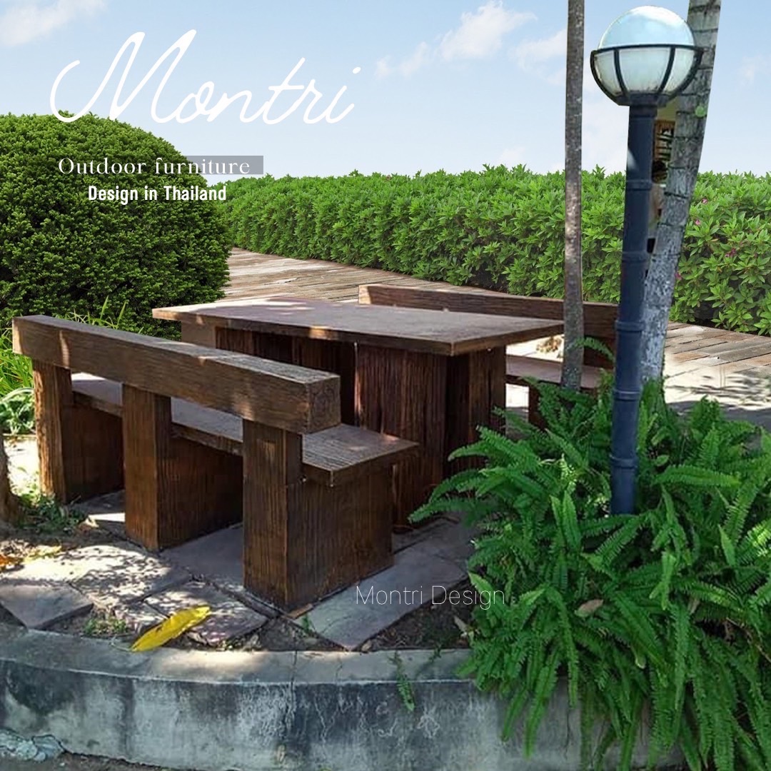 ชุดโต๊ะปูนลายไม้แบบพนักพิง ชุดโต๊ะสนาม รุ่น Montri2022 โต๊ะปูนสนาม เก้าอี้พนักพิง