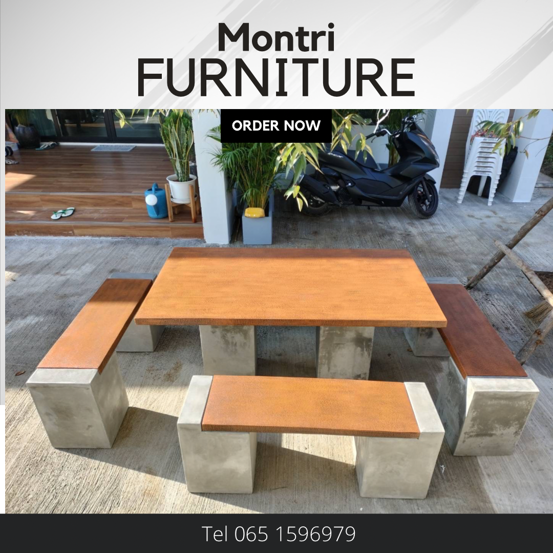 ชุดโต๊ะสนามปูนสไตล์โมเดิร์น โต๊ะปูนสนาม ชุด 8 ที่นั่ง พาดยาว สีแผ่นสีอิฐ-ขาสีปูนเปลือย