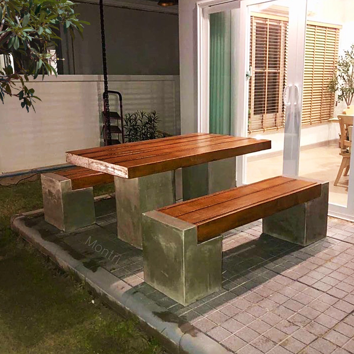 ชุดโต๊ะสนามกลางแจ้ง ซีเมนต์ลายไม้ระแนงDIY ขนาด 150 cm. ชุด 8 ที่นั่ง