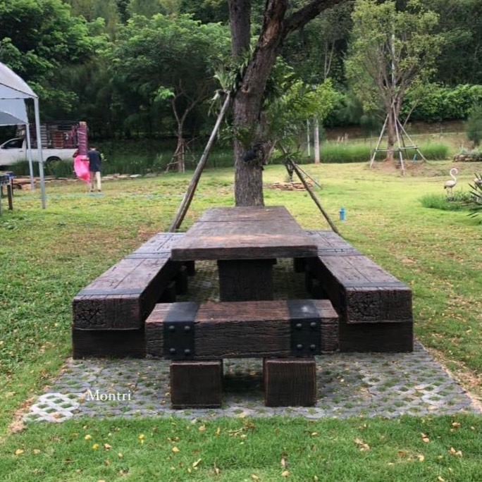 โต๊ะสนามกลางแจ้ง โต๊ะไม้หมอนรถไฟ ขนาด 3.6 เมตร นั่งได้ 18-20 ท่าน ทนแตด ทนฝน ใช้งานได้ในระยะยาว