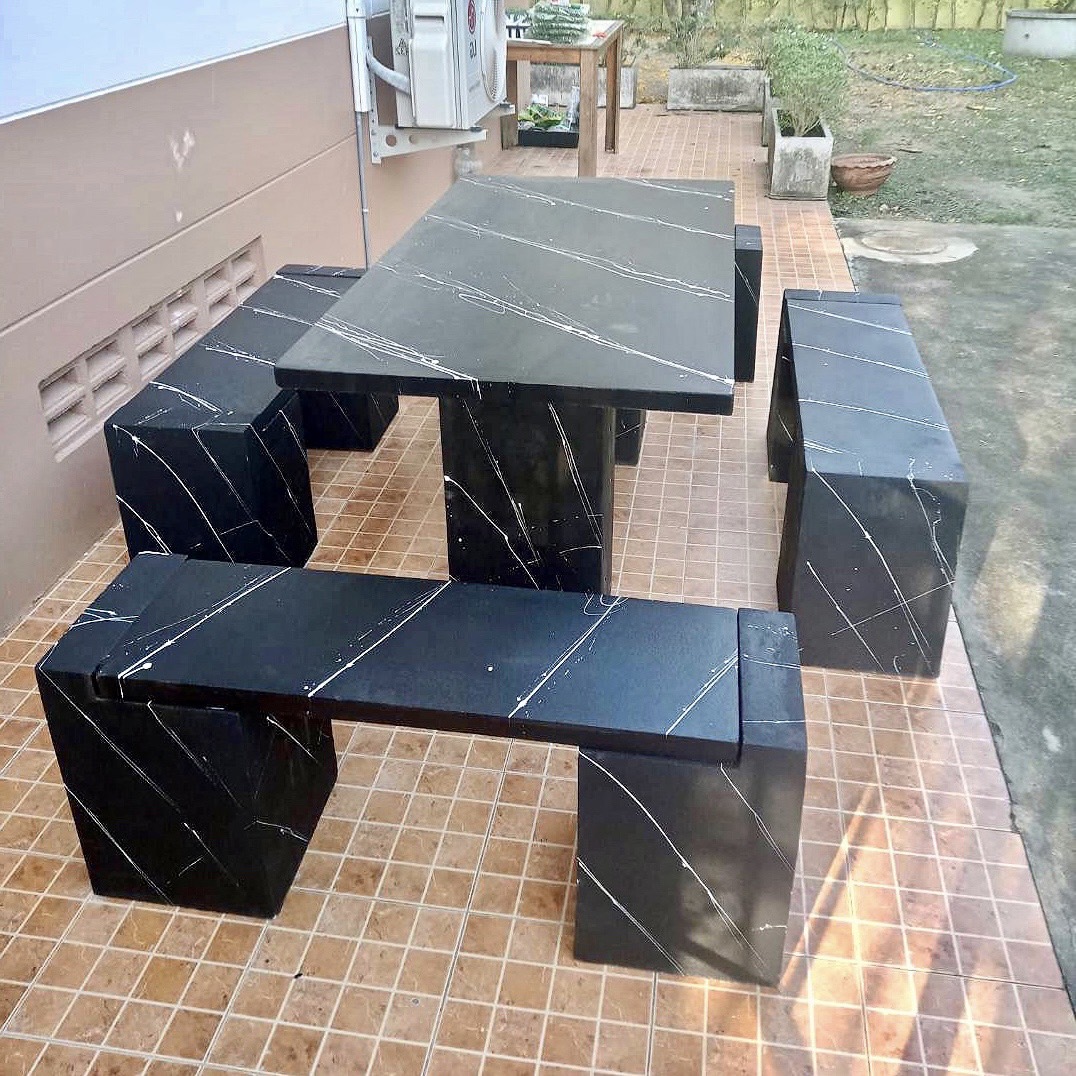 ชุดโต๊ะสนามโมเดิร์น ชุด 8 ที่นั่งพาดยาว สีดำสลัดขาว โต๊ะสนาม โต๊ะสนามปูนปั้น โต๊ะสนามกลางแจ้ง