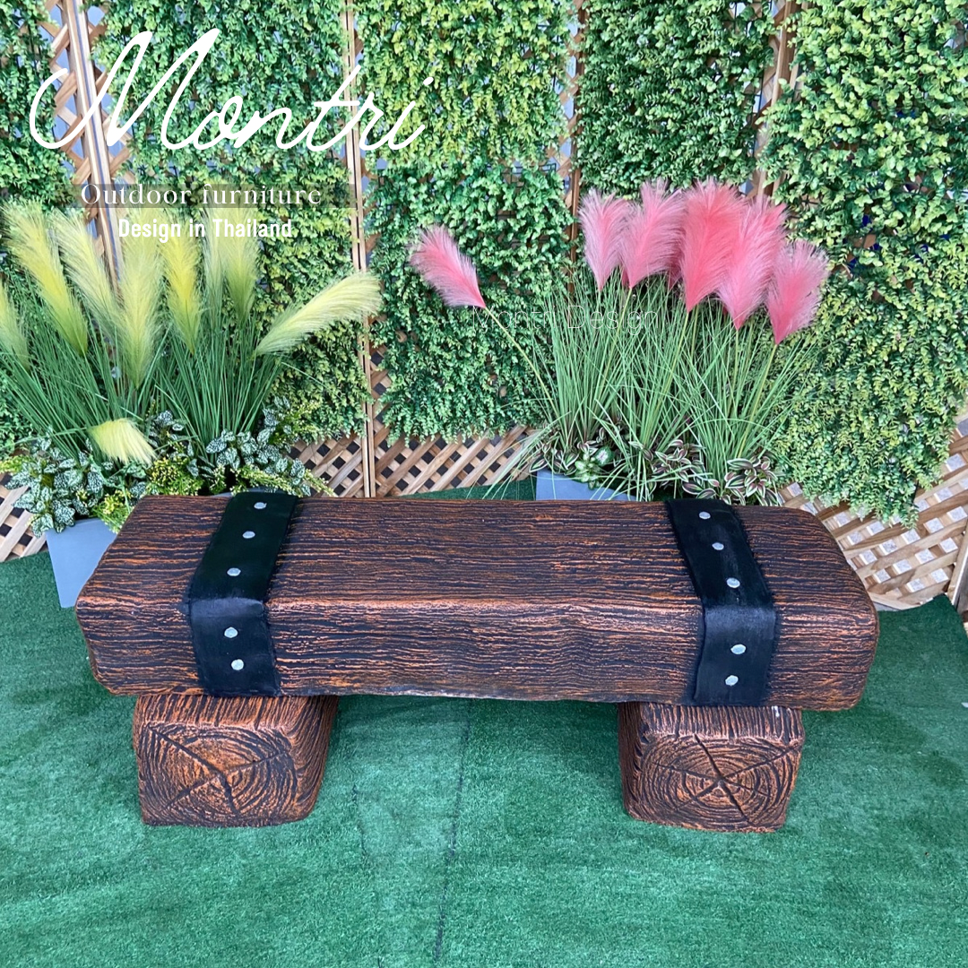 เก้าอี้ไม้หมอน สีน้ำตาลคาดดำ 30x120x40 cm. ม้านั่งสนามปูน เก้าอี้ปูนปั้น