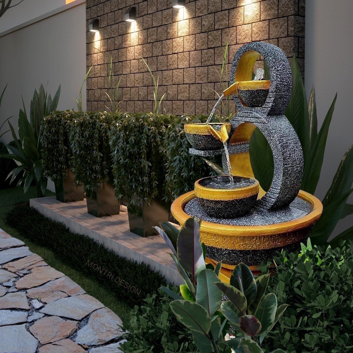 น้ำล้นโมเดิร์น เลข 8 มงคล น้ำพุแต่งสวน ฮวงจุ้ยน้ำพุ น้ำล้นเลข8 รุ่น 8 เทาเข้ม-ทอง