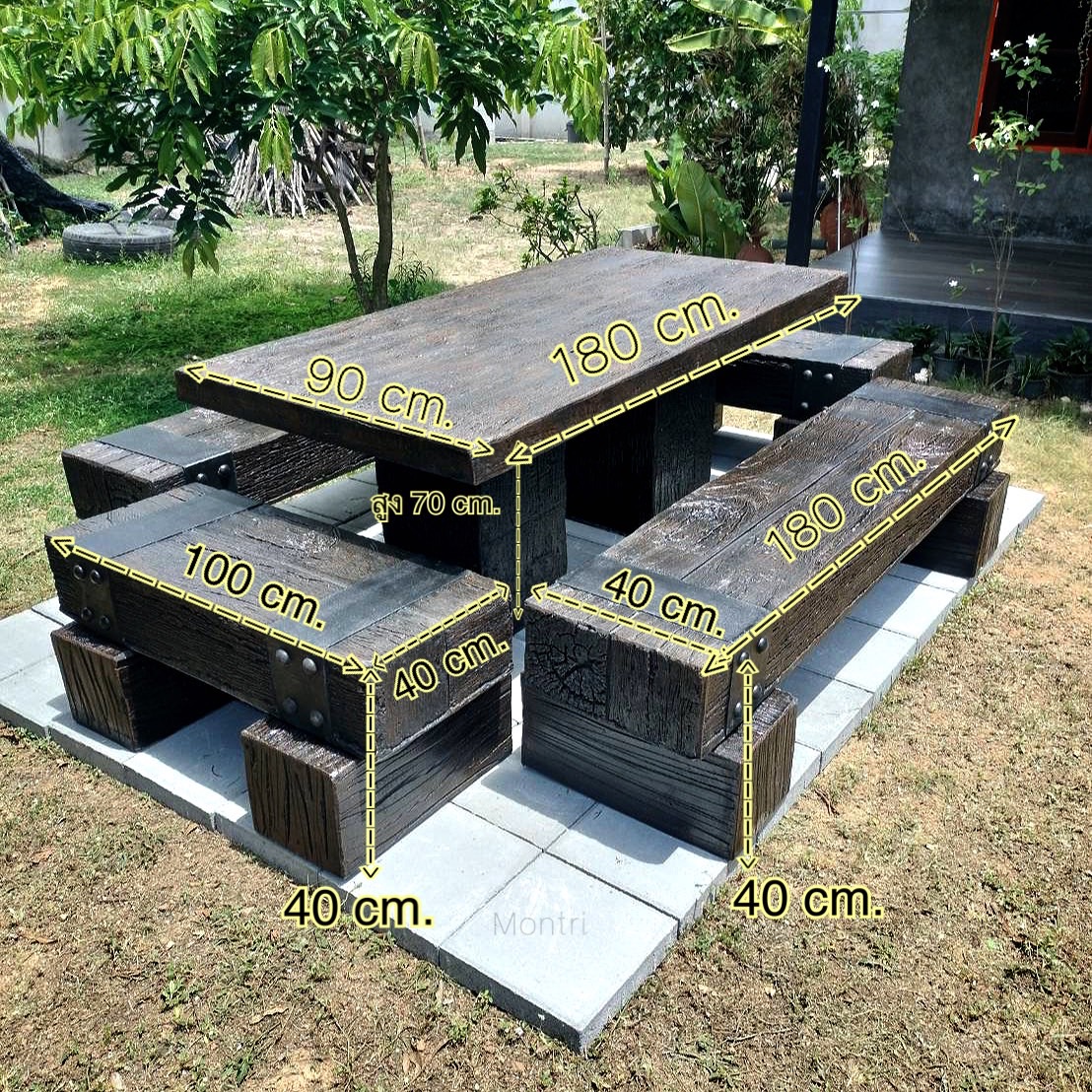 ชุดโต๊ะไม้หมอน โต๊ะสนาม ชุดโต๊ะสนามปูนลายไม้ DIY ฝีมือคนไทย ขนาด 180*90 cm.งานแข็งแรงทนทานไม่เปราะบางอย่างแน่นอน