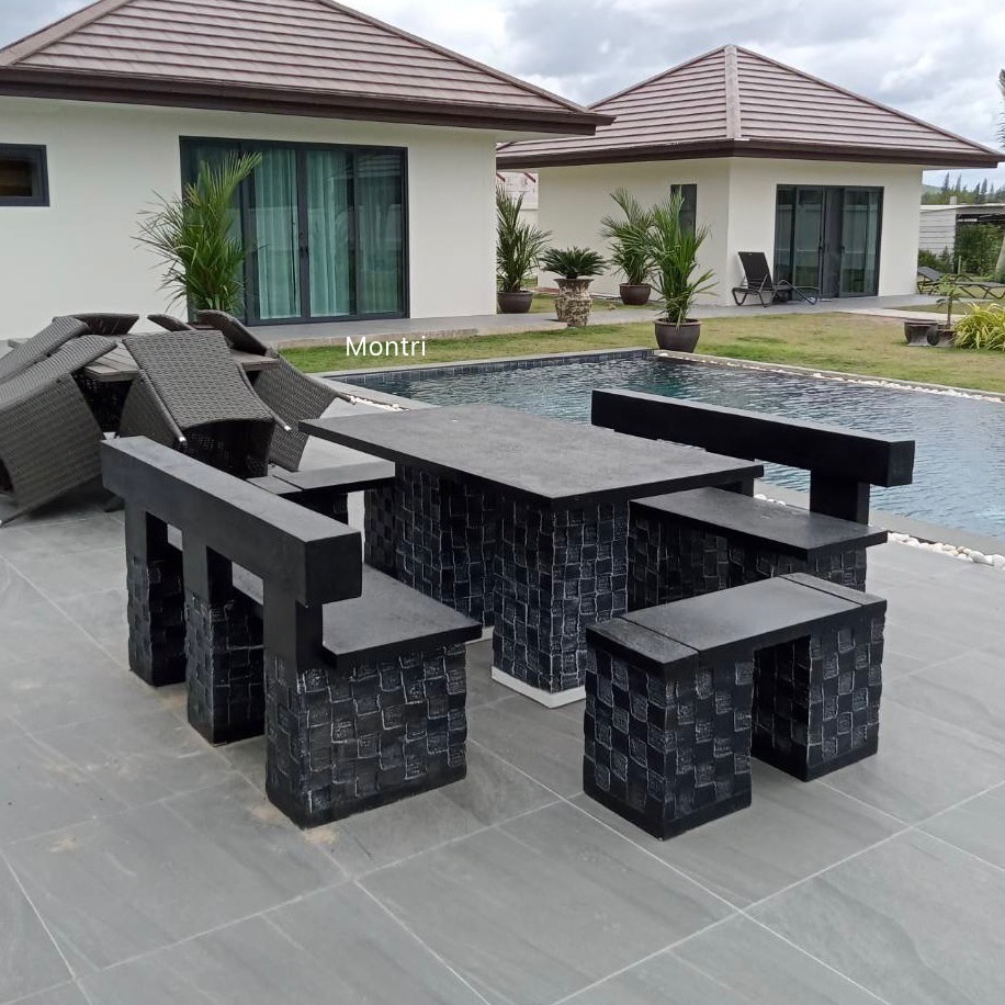 โต๊ะสนาม โต๊ะโมเดิร์นพนักพิง โต๊ะสนามปูนปั้น โต๊ะสนามโมเดิร์น 150*80 ทำจากปูนสไตล์โมเดิร์น โครงสร้างเสริมเหล็ก แข็งแรง ทนแดด ทนฝน หมดปัญหาเรื่องขาเก้าอี้หักพัง