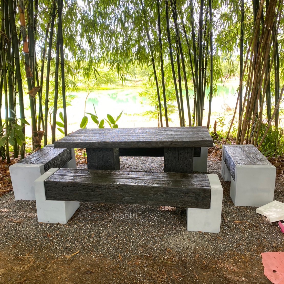 ชุดโต๊ะสนามไม้หมอน ชุดโต๊ะไม้หมอน โต๊ะสนาม ชุดโต๊ะสนามปูนลายไม้ ขนาด 180*90 cm.