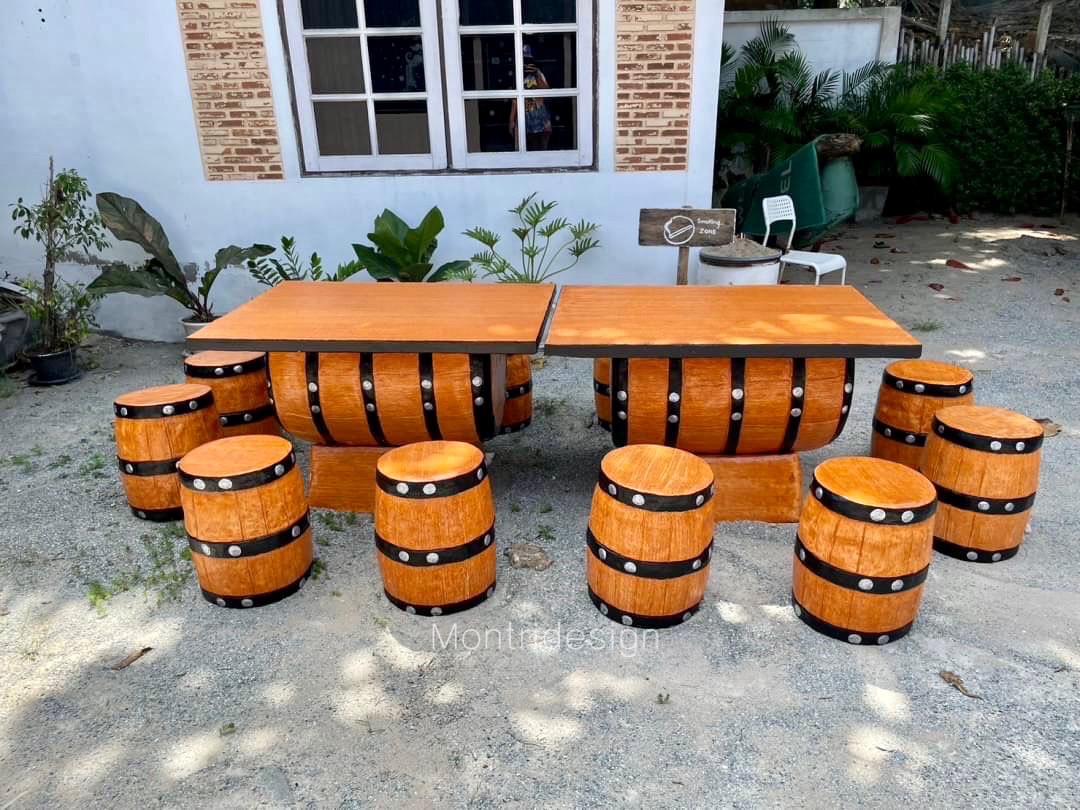 ชุดโต๊ะนามปูนลายไม้ ชุดโต๊ะถัง โต๊ะสนามปูนปั้น 12 ที่นั่ง สีไม้สัก