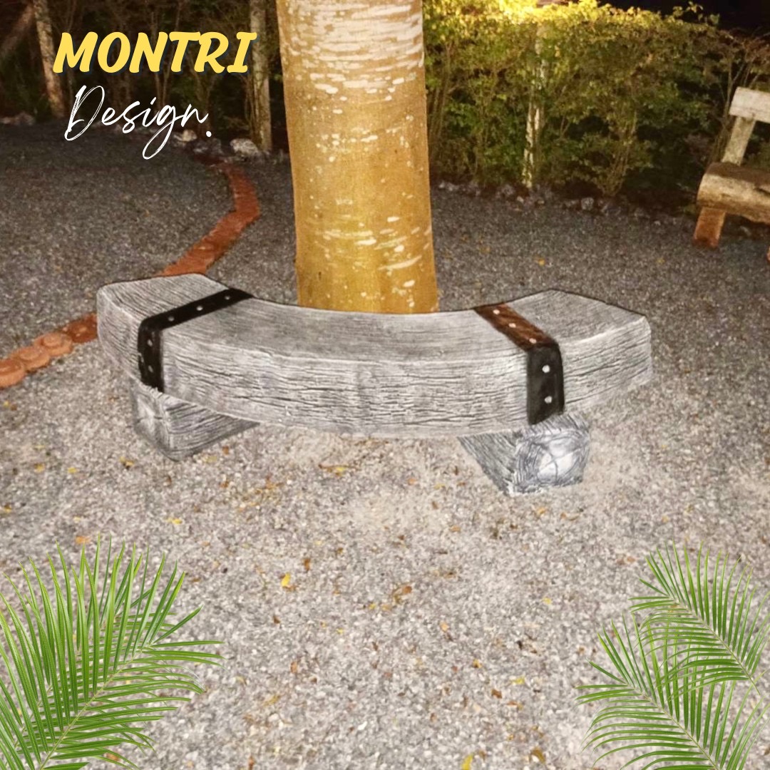 เก้าอี้รอบต้นไม้ เก้าอี้ไม้หมอนทรงโค้ง เก้าอี้ปูนลายไม้ รุ่น Reef05 สีไม้เทาควันบุหรี่ ม้านั่งปูนลายไม้