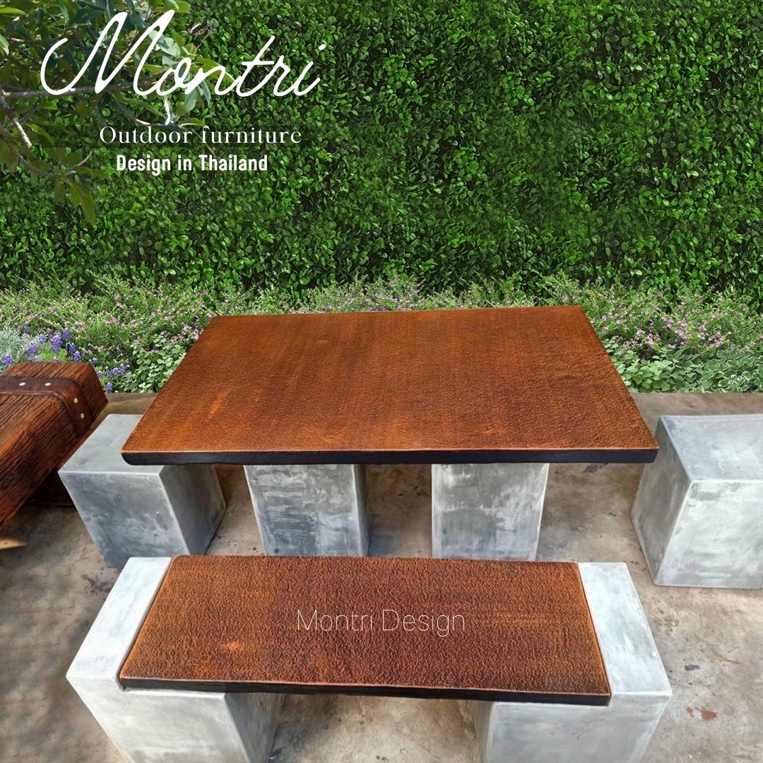 โต๊ะม้านั่ง โต๊ะสนามปูนปั้น SET เก้าอี้แผ่นพาด ชุด 6 ที่นั่ง สไตล์โมเดิร์น สุดยอดการออกแบบ งานดีไซน์โดยคนไทย สุดปราณีต นั่งสบาย สวยงาม แข็งแรง เข้ากับตัวบ้านและสวนได้อย่างลงตัว