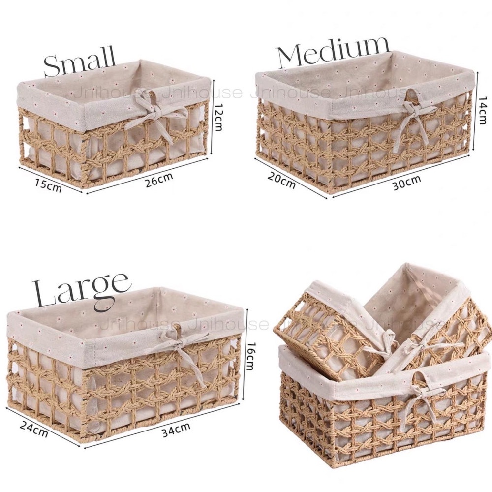 [พร้อมส่ง] Jnihouse : ตะกร้าสาน พร้อมผ้าลายลินินลายดอกไม้ (มีให้เลือก 3 ขนาด) กล่องใส่ของ ตะกร้าใส่ของ