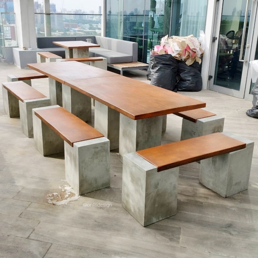 ชุดโต๊ะสนาม โต๊ะปูนสนาม โต๊ะโมเดิร์น โต๊ะปูนสนามโมเดิร์น ชุด 12 ที่นั่ง รุ่น Royal เก้าอี้พาดยาว ขนาดโต๊ะ 180*80