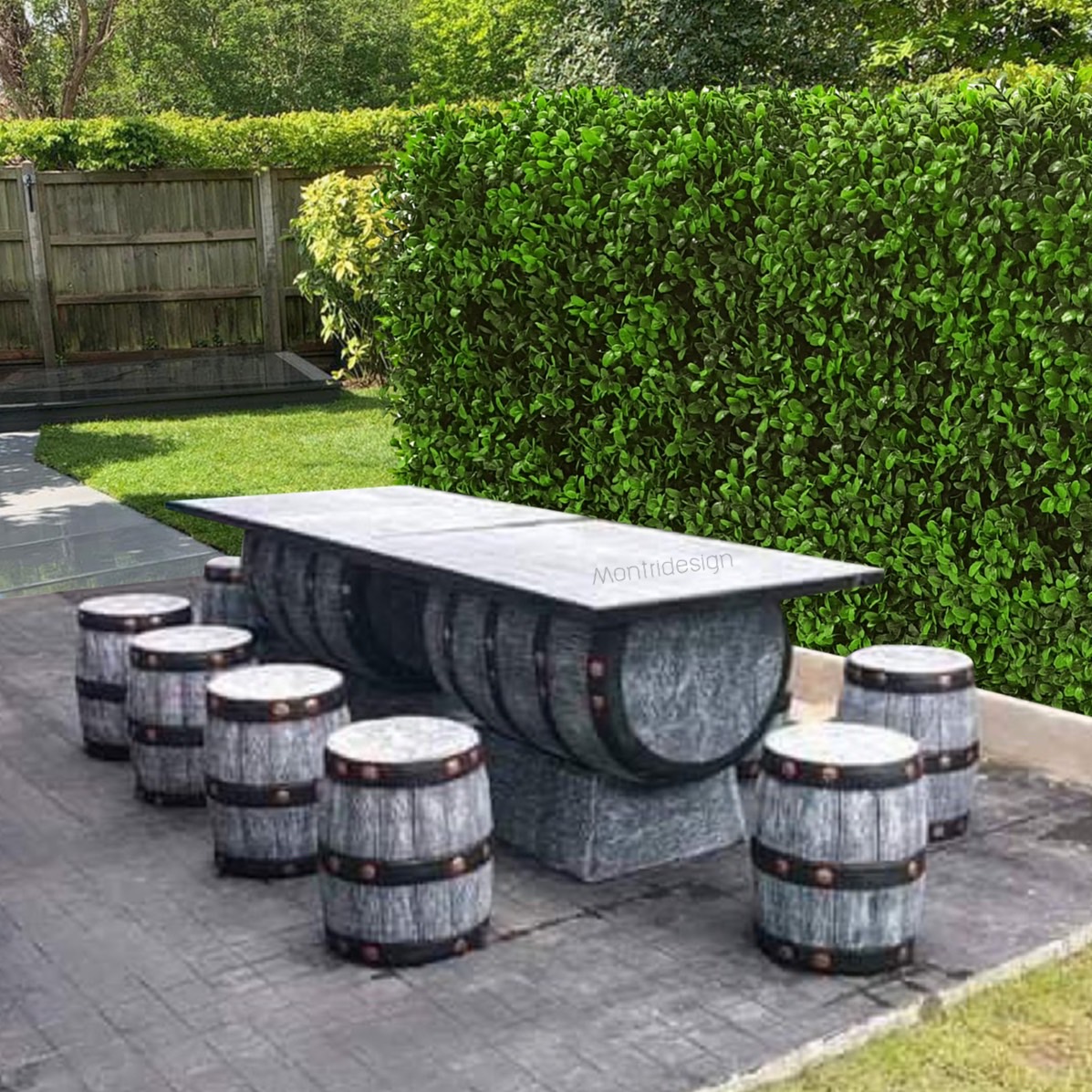 ชุดโต๊ะนามปูนลายไม้ ชุดโต๊ะถัง โต๊ะสนามปูนปั้น 12 ที่นั่ง สีเทาวิลเทจ