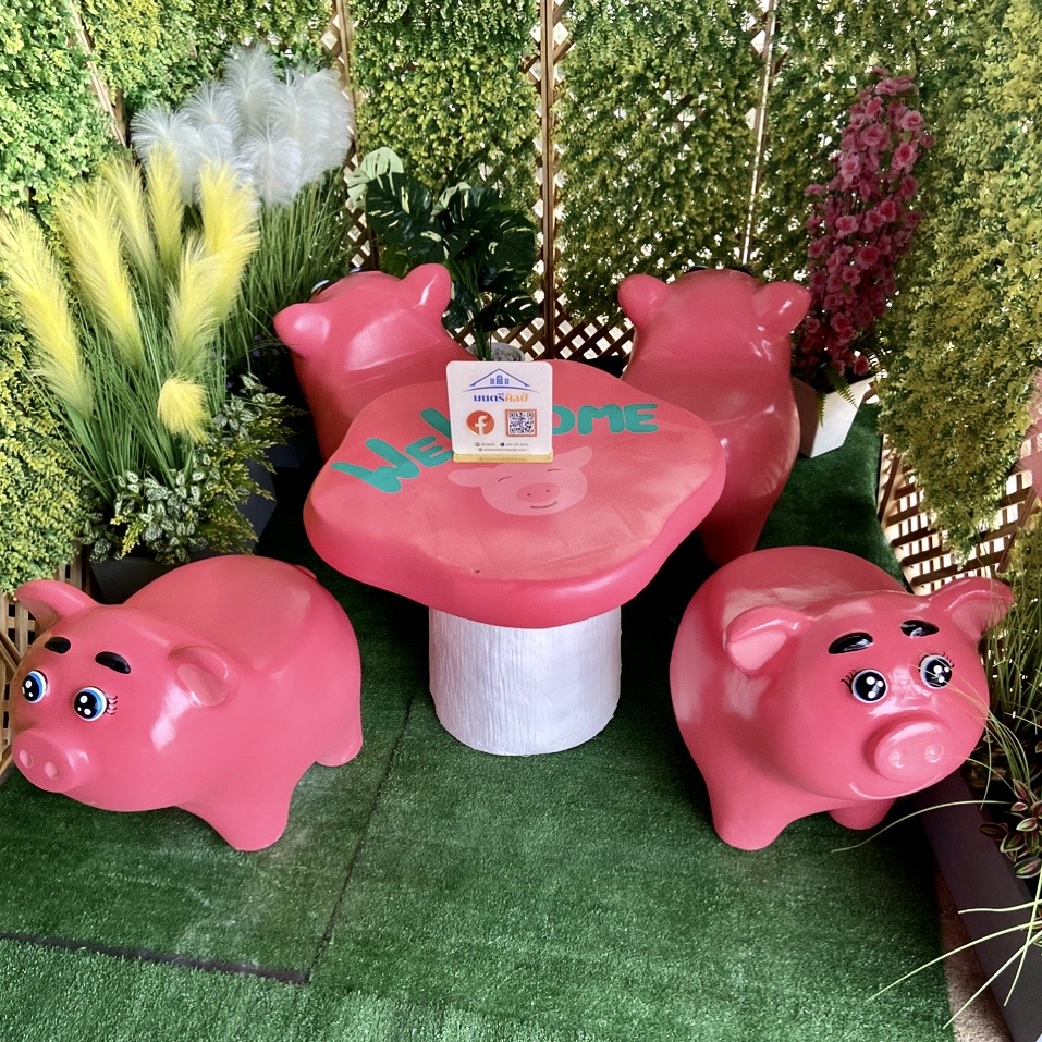ชุดโต๊ะปูนหมู สุดน่ารัก โต๊ะเก้าอี้ลูกหมู โต๊ะเก้าอี้ปูนปั้นรูปหมู ม้านั่งสนามในสวน