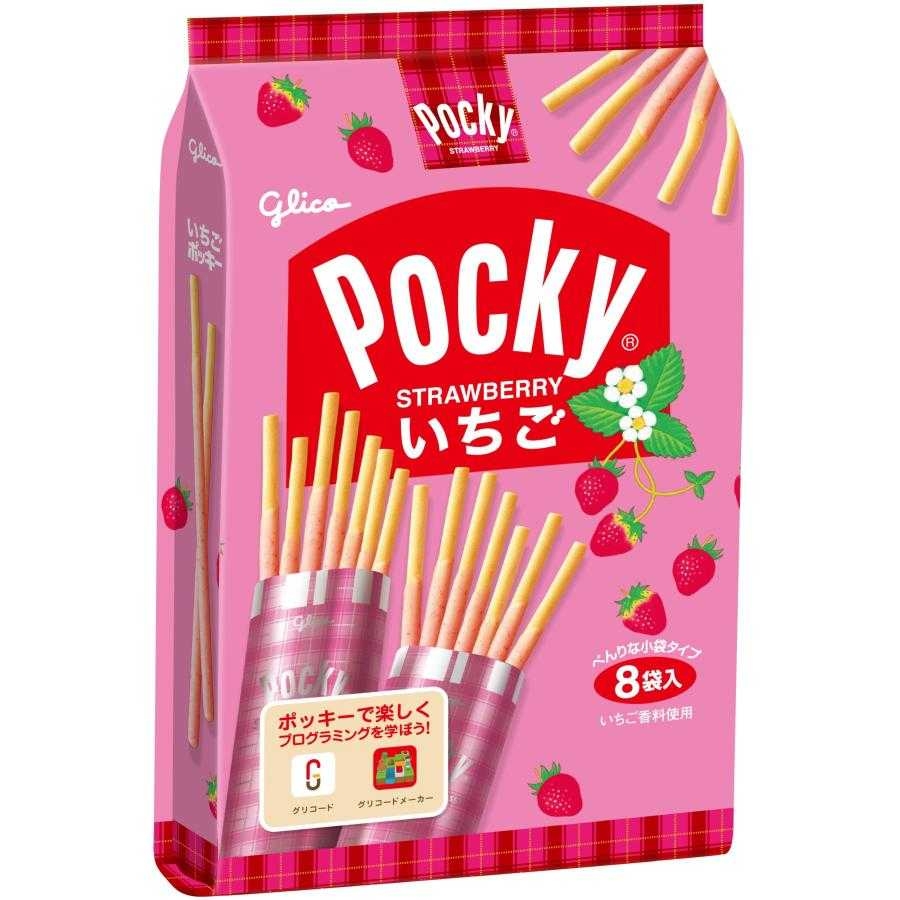Glico pocky strawberry ป๊อกกี้ญี่ปุ่นรสตรอเบอร์รี่ บรรจุ 8 ซอง