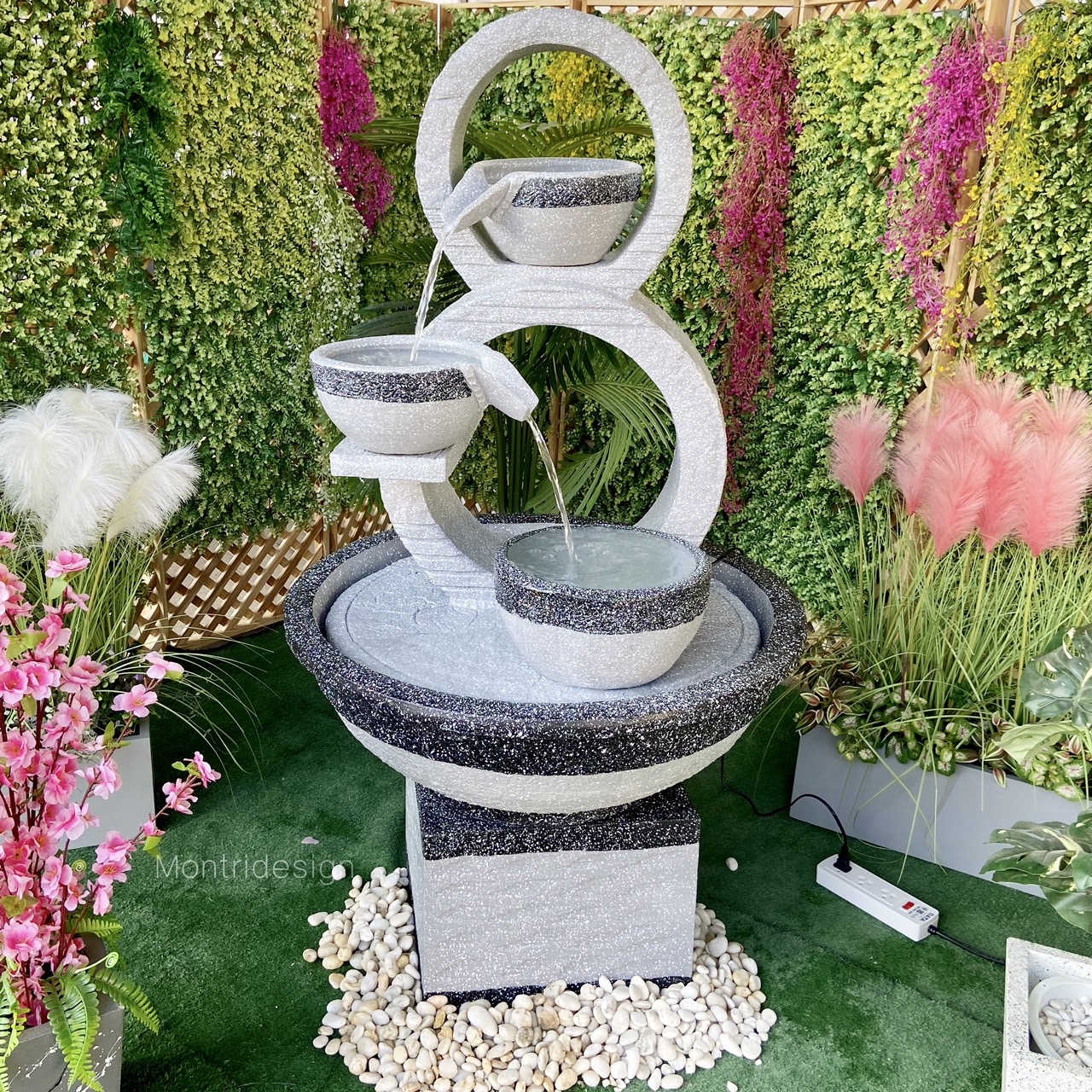 น้ำล้นโมเดิร์น เลข 8 มงคล น้ำพุแต่งสวน ฮวงจุ้ยน้ำพุ น้ำล้นเลข8 รุ่น 8 ขาว-เทา