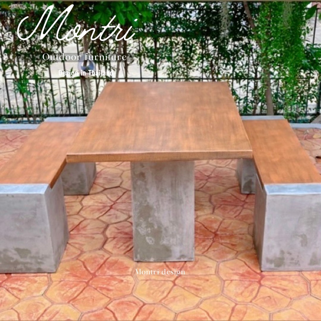 ชุดโต๊ะโมเดิร์น โต๊ะปูนสนาม ชุด 4 ที่นั่ง พาดยาว ขาลอฟท์ แผ่นปัดสีดิน โต๊ะสนาม