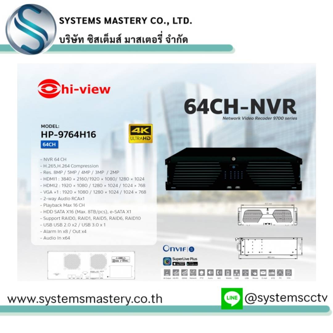 HP-9764H16 เครื่องบันทึก NVR 64Ch H.265 Support 4K / Audio