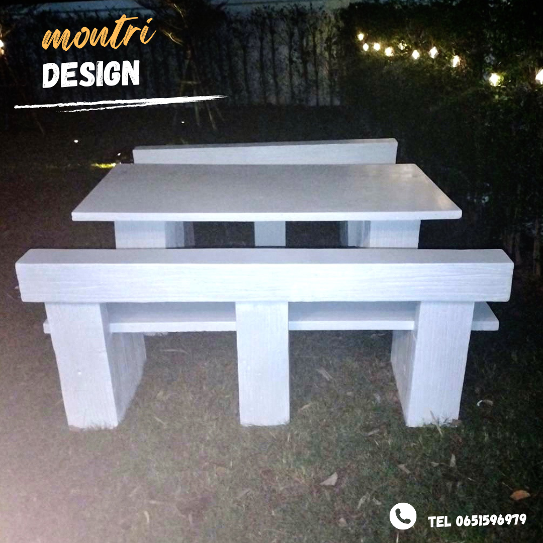 ชุดโต๊ะปูนลายไม้แบบพนักพิง ชุดโต๊ะสนาม รุ่น Montri2023 โต๊ะปูนสนาม เก้าอี้พนักพิง สีขาว
