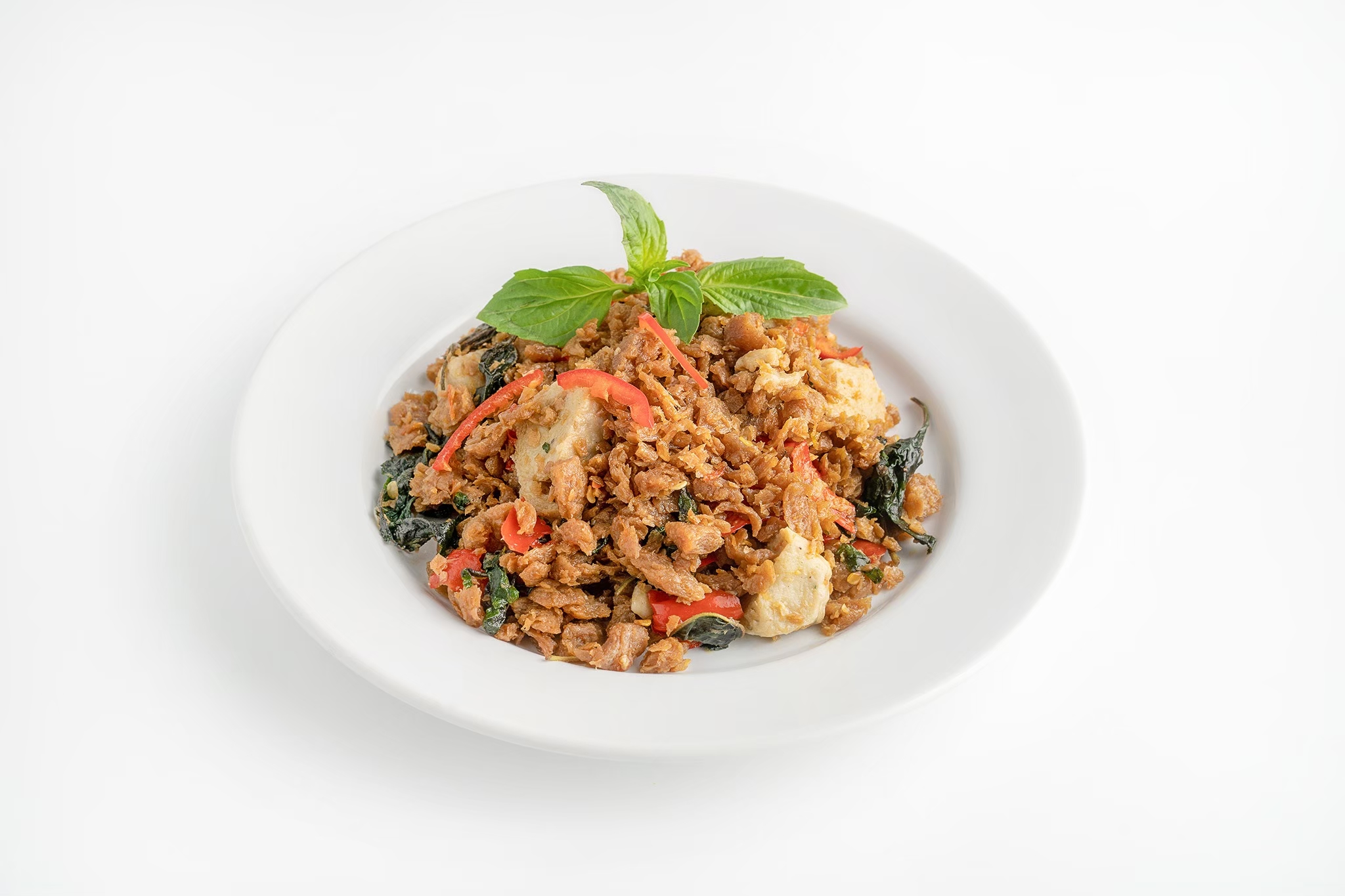 กะเพราหมูสับเจ (Stir fried minced vegan porkless with basil)