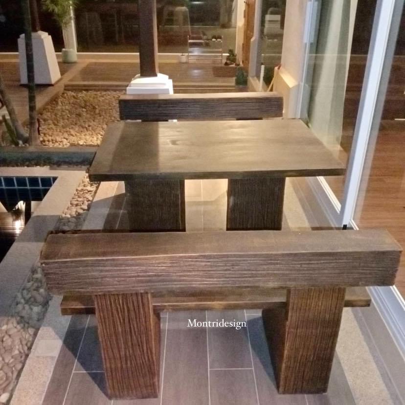 ชุดโต๊ะปูนลายไม้ โต๊ะปูนลายไม้ เก้าอี้พนักพิง โต๊ะสนาม โต๊ะสนามกลาง รุ่น LA05 ลายไม้ ขนาด 120*80 cm.