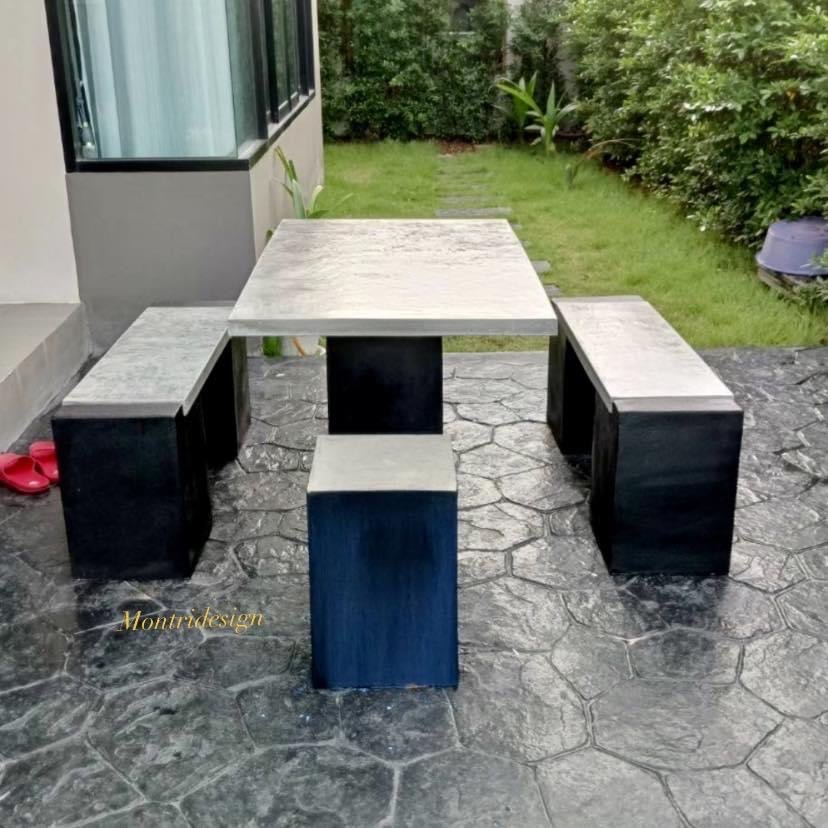 ชุดโต๊ะสนามปูนปั้น ชุดโต๊ะปูนสไตล์โมเดิร์น ชุด 6 ที่นั่ง สีวิลเทจ โต๊ะปูนสนาม